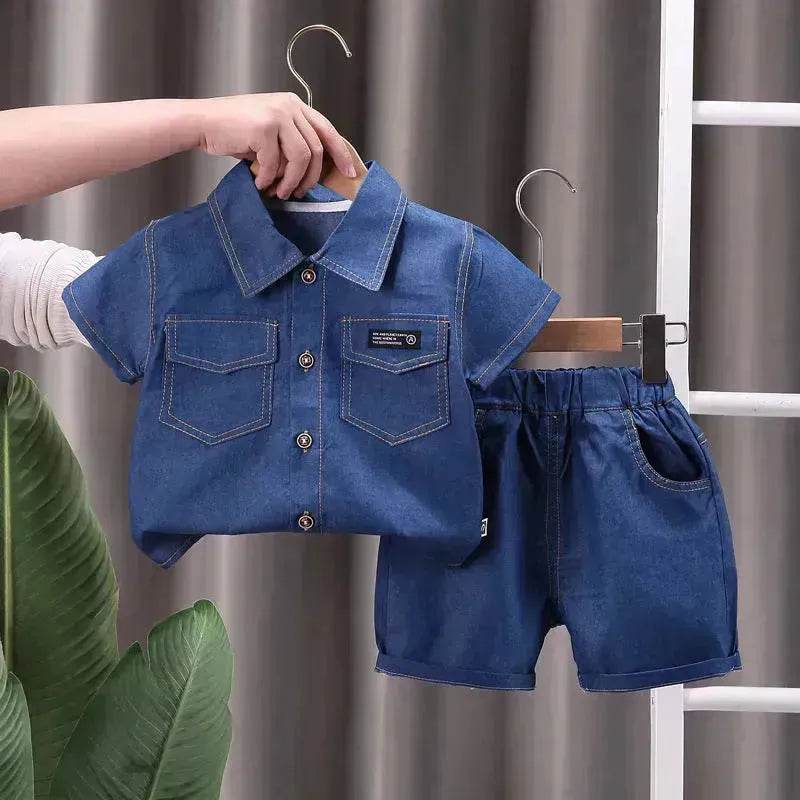 Lapel Short Sleeve Suit Children's Clothing Casual wear for boys Denim Two piece for boys - Velora