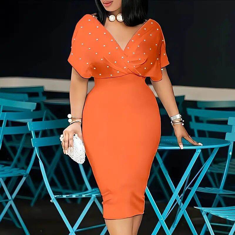 Women's Back Zipper dress Elegant Deep V Neck Wrap Bodycon Dress Pencil Midi Dress - Velora