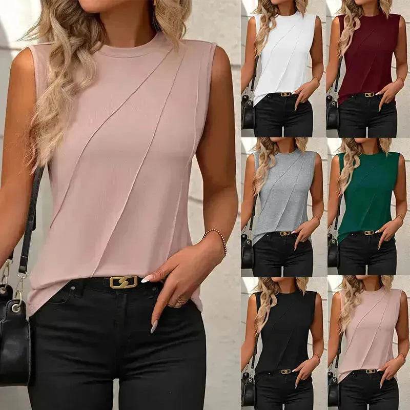 Summer Women's Solid Color Round Neck Sleeveless Loose Tops for Women suitable for Work business Events Ladies Evening Tops. - Velora