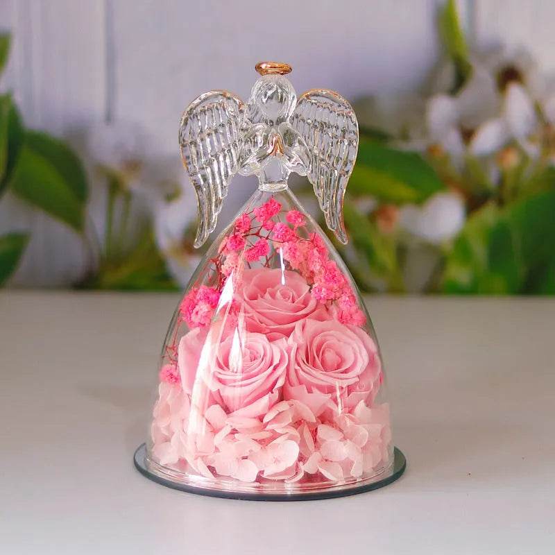 Eternal Flower Gift Box Angel Glass Cover Dried Rose Gift Box For Christmas New Year Valentine's Day Home Decor - Velora