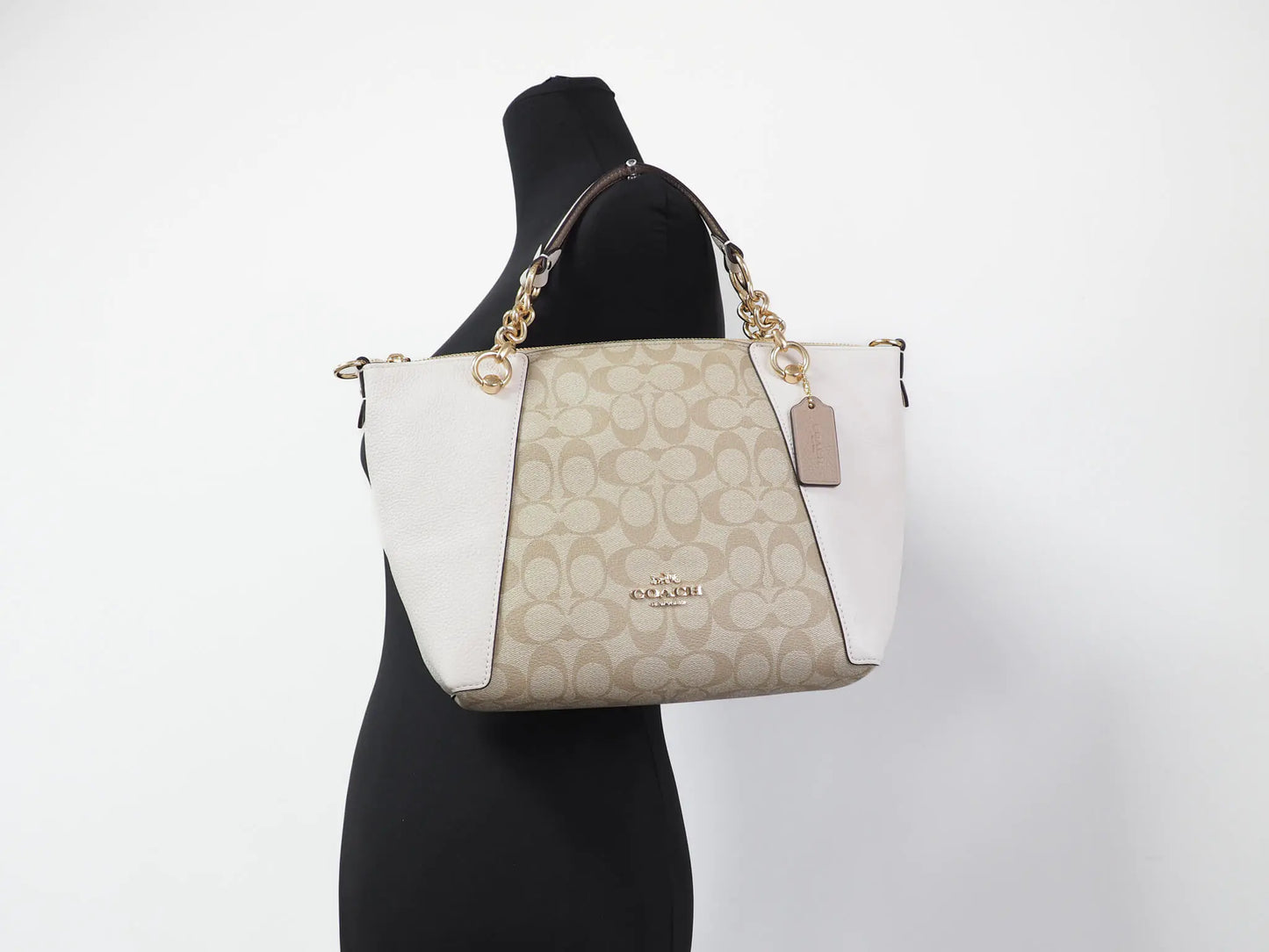 Coach (C8531) Kacey Light Khaki Chalk Signature Coated Canvas Convertible Top Zip Satchel Handbag