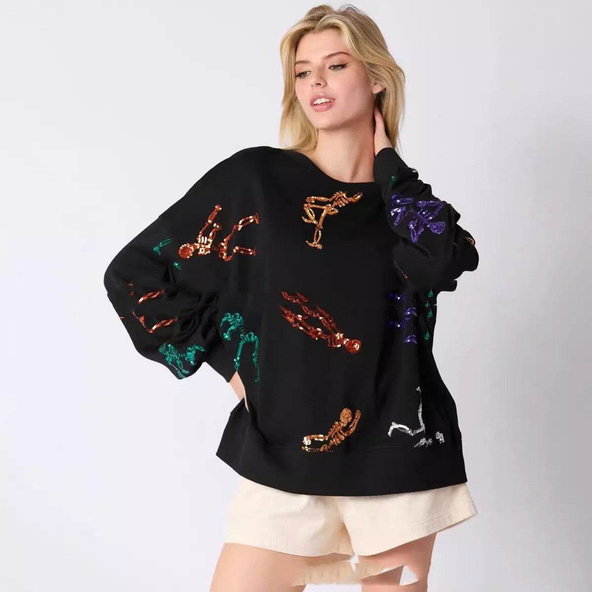 Women's Halloween Skull Sequined Sweater Loose - Velora