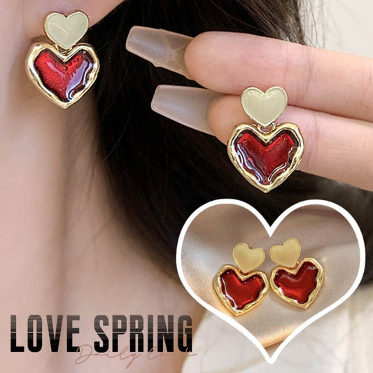 Wine Red Love Heart Earrings For Women Girl Gold Color Metal Love Heart Hanging Dangle Earrings Vintage Jewelry - Velora