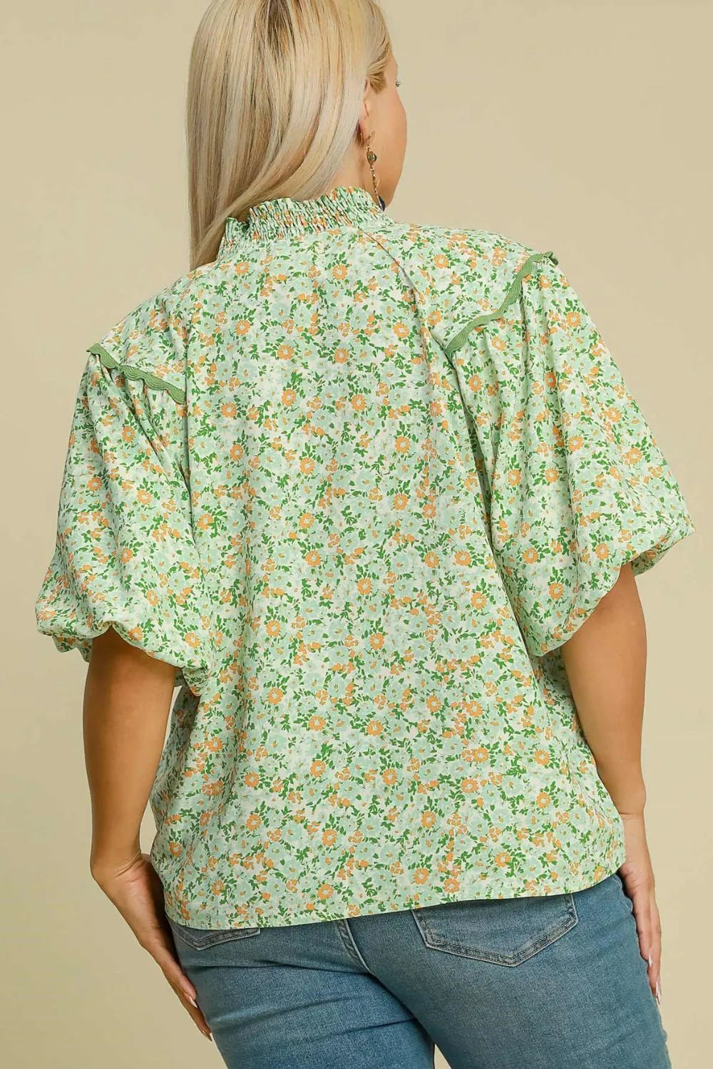 Umgee Full Size Floral Print Puff Sleeve Top Plus Size - Velora