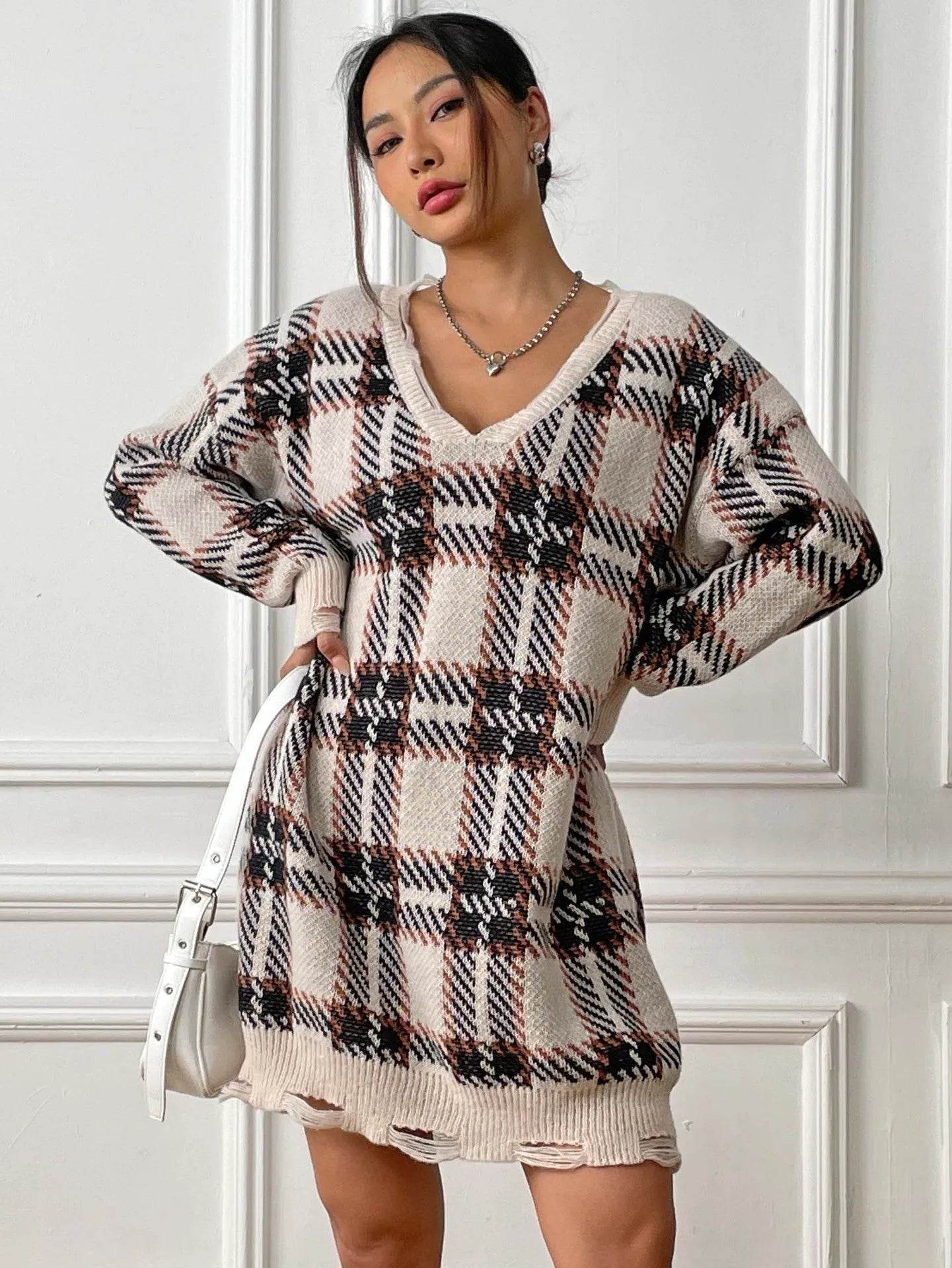 Deer Plush V-neck Long Sleeve Plaid Winter Jumper Mini dress - Velora