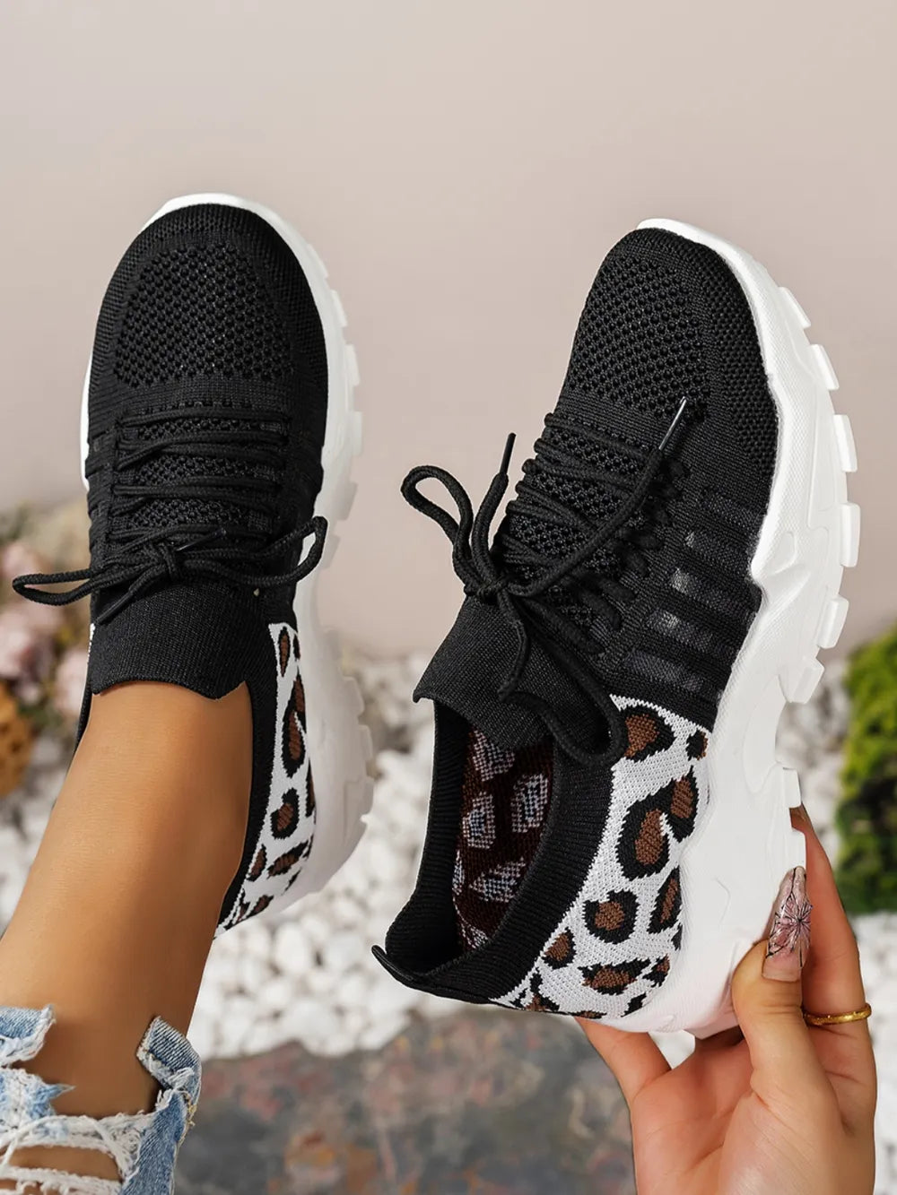 Cutout Leopard Lace Up Mesh Athletic - Velora