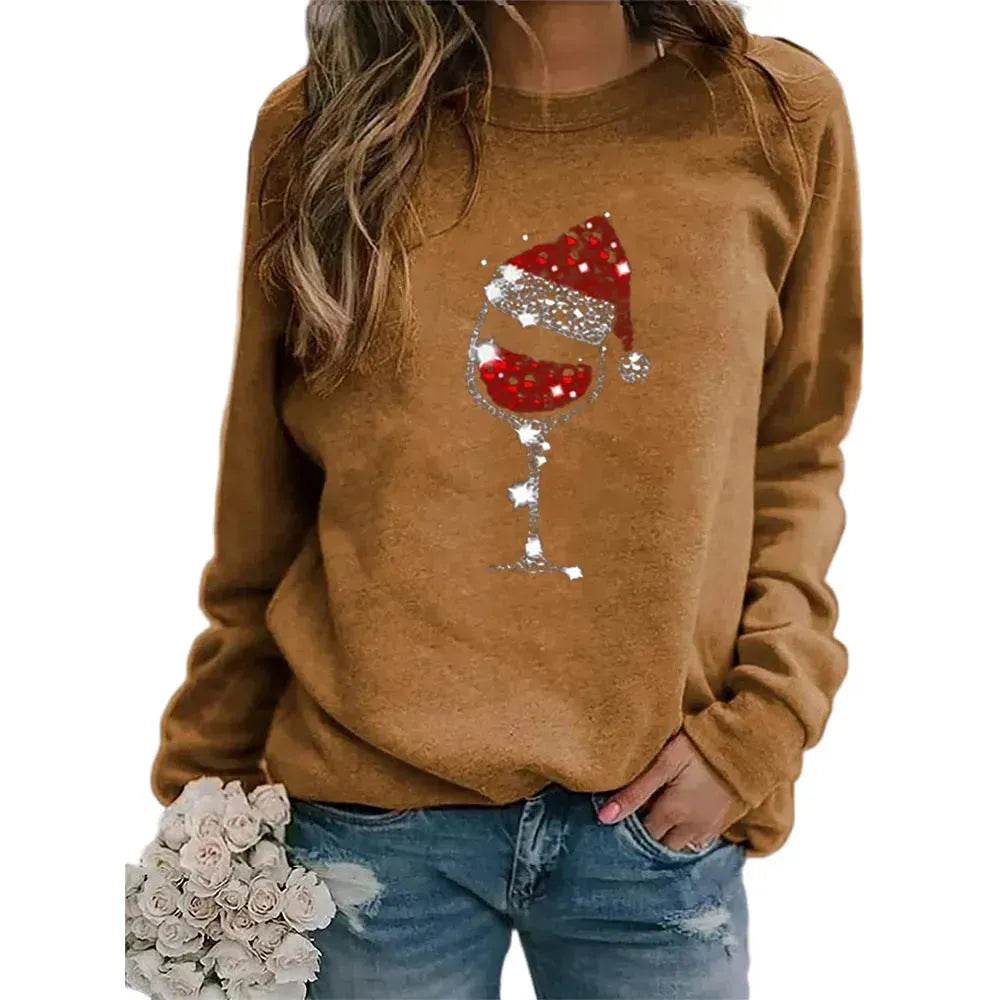 Clothing Christmas Women's Sweater Christmas Hat Red Wine Glass Graphic Print Crew Neck Long-sleeved Sweater - Velora