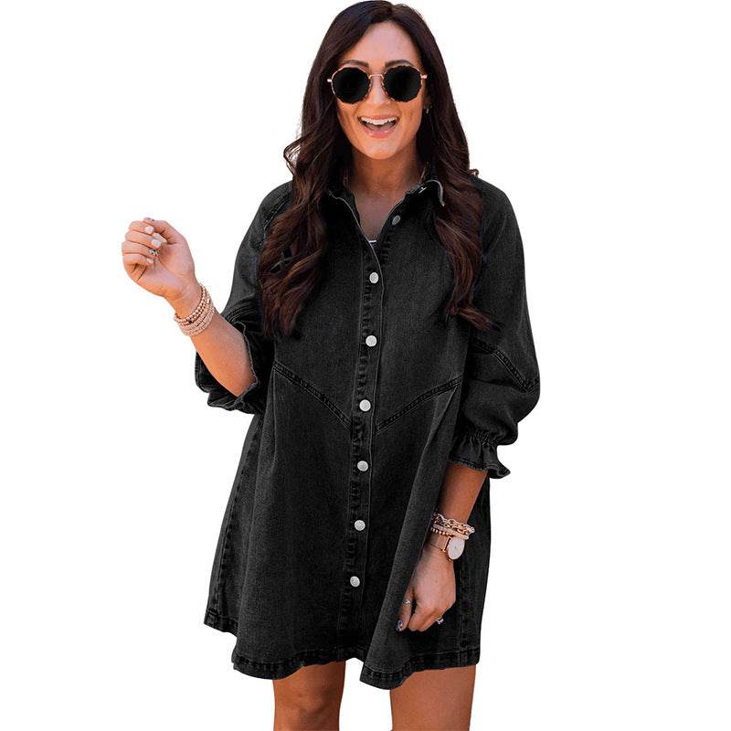 Three-quarter Sleeve Denim Dress Women's Casual Ruffles - Velora