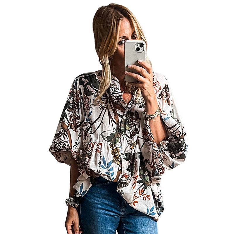 Spring Summer All-match Floral Print loose Linen blouse Shirt For Women - Velora
