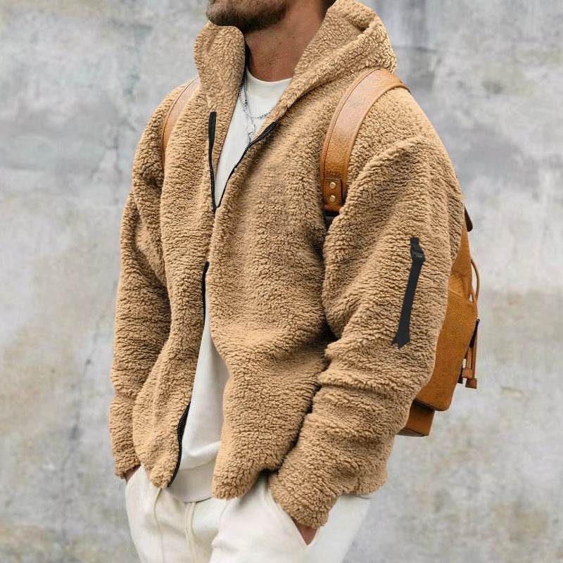 Plush Hooded Jacket Men's Autumn And Winter Fleece Double-sided Wear Warm Coat With Zipper Loose Casual Jacket Outdoor Clothing - Velora