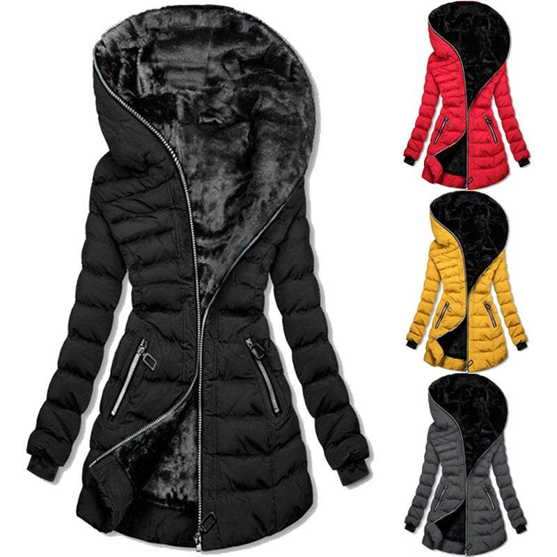 Hooded Warm Fleece Padded Jacket Mid-length Jacket Black Padded Jacket - Velora
