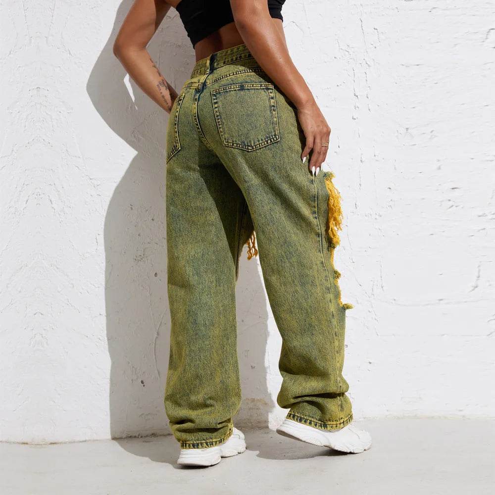 Shascullfites Melody Yellow Wash Streetwear Split Loose Straight Ripped Baggy Jeans Y2K Retro Women Denim Pants - Velora