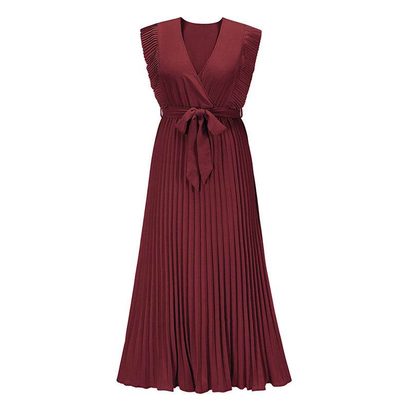 Maxi Dresses For Women - Elegant V Neck Ruffled Sleeves Empire Waist Pleated Flowy Dress - Velora