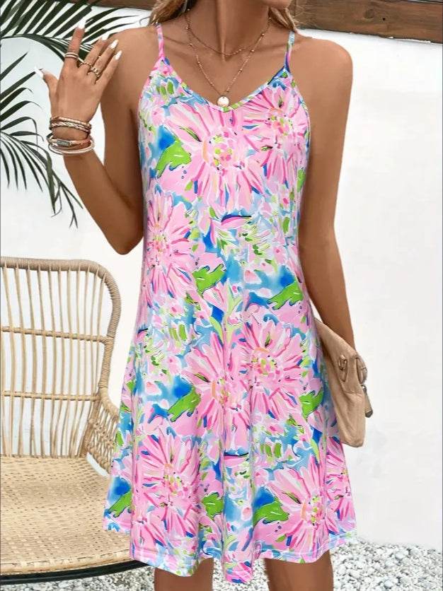 Floral Print Spaghetti Strap Dress, Elegant V Neck Sleeveless summer mini dress - Velora