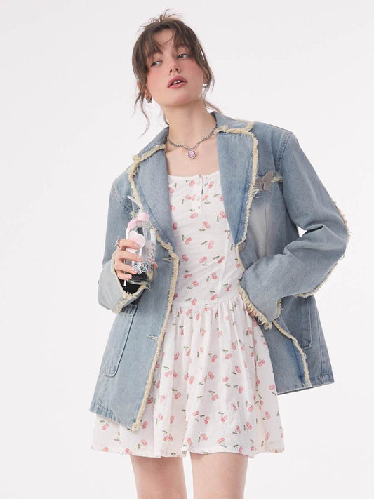 Loose Denim Jacket Polo Collar Single-Breasted Design - Velora