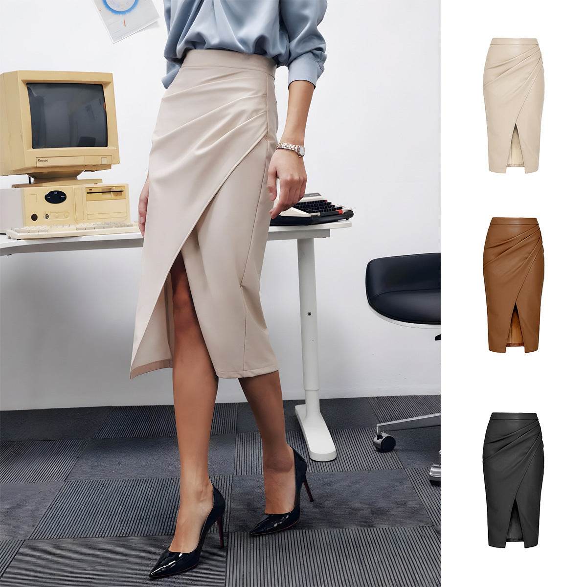 Women Formal Work Office Business High Waist Front Slit Midi Leather Skirt - Velora