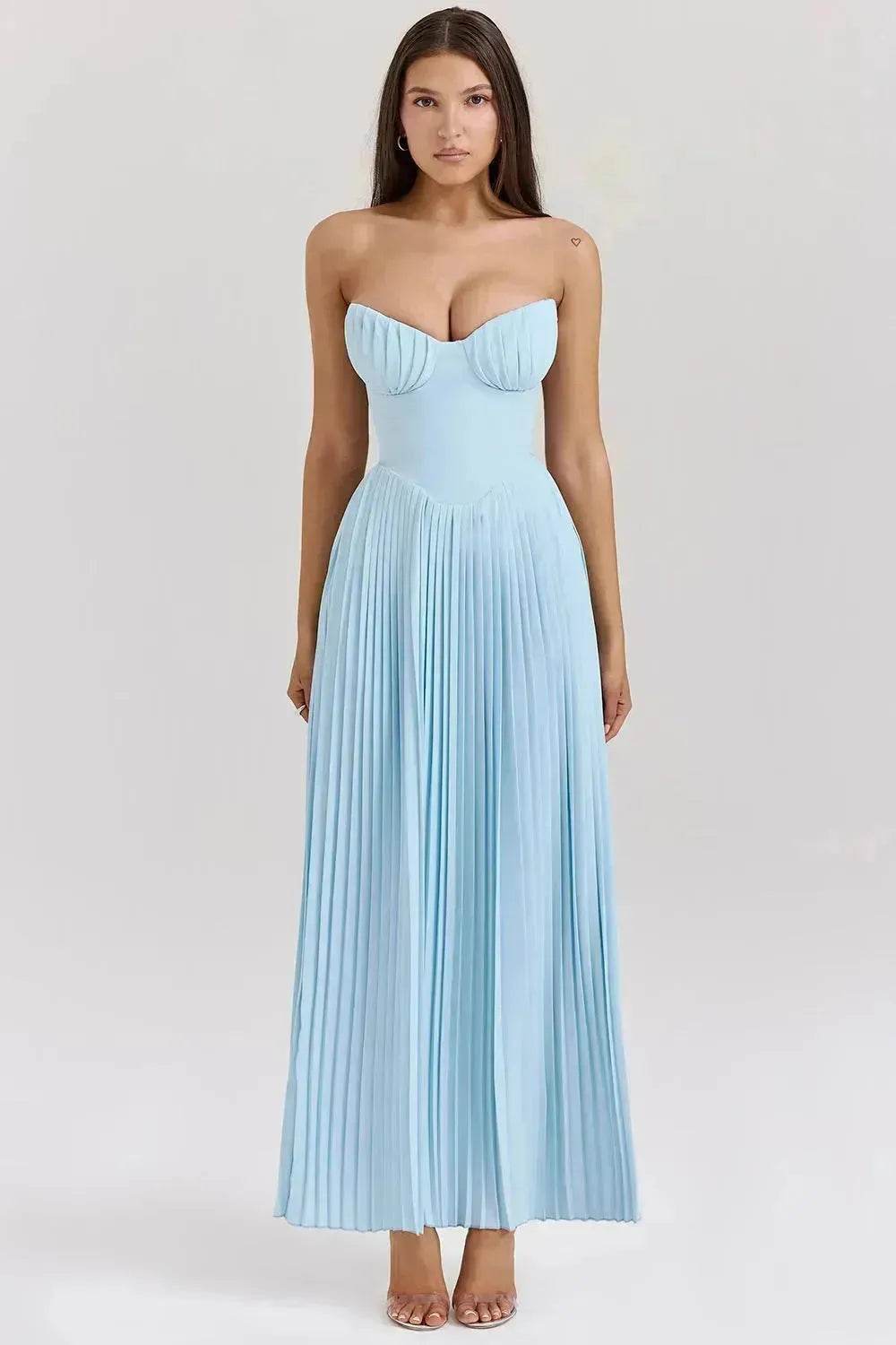 Luxury Blue Strapless Slimming Pleated Long Dress Elegant Tube Dress for Wedding Cocktail Evening Party Events. - Velora