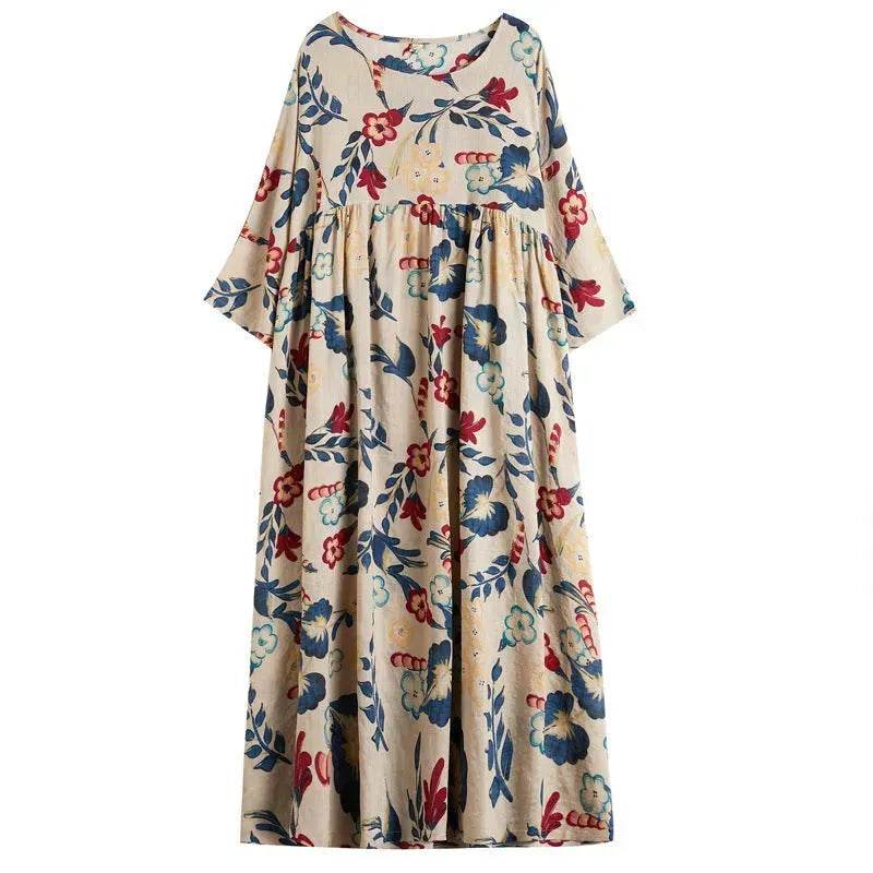 Plus Size Loose Panel Cotton Linen Print Short Sleeve Mum Maxi Dress - Velora