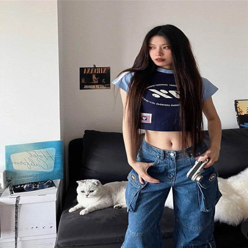 Blue Denim Pant Baggy Boyfriend Cargo Jeans for Women - Velora