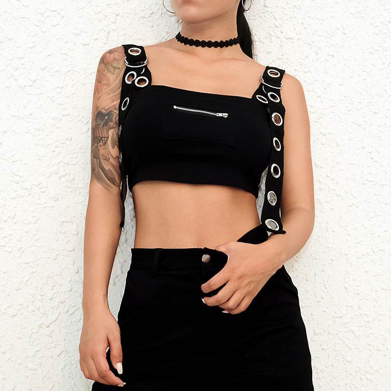 Summer Spring Black Tank Top Women Sleeveless Cropped Tops Hollow Bustier Top Streetwear - Velora