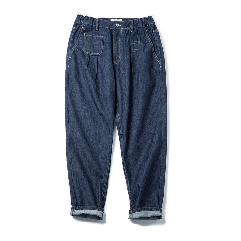 Vintage Denim Washed Elastic Waist Loose Jeans Cityboy Wide Leg Tapered Pants Men - Velora