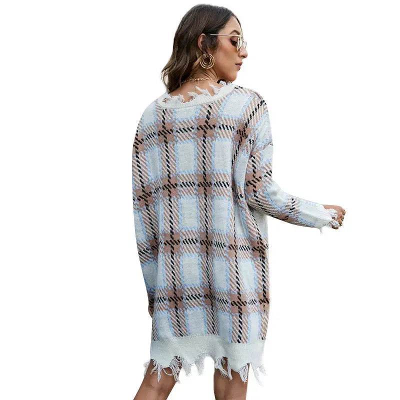 Off shoulder V-neck Pullover Knitted Mini Plaid Sweater Dress - Velora