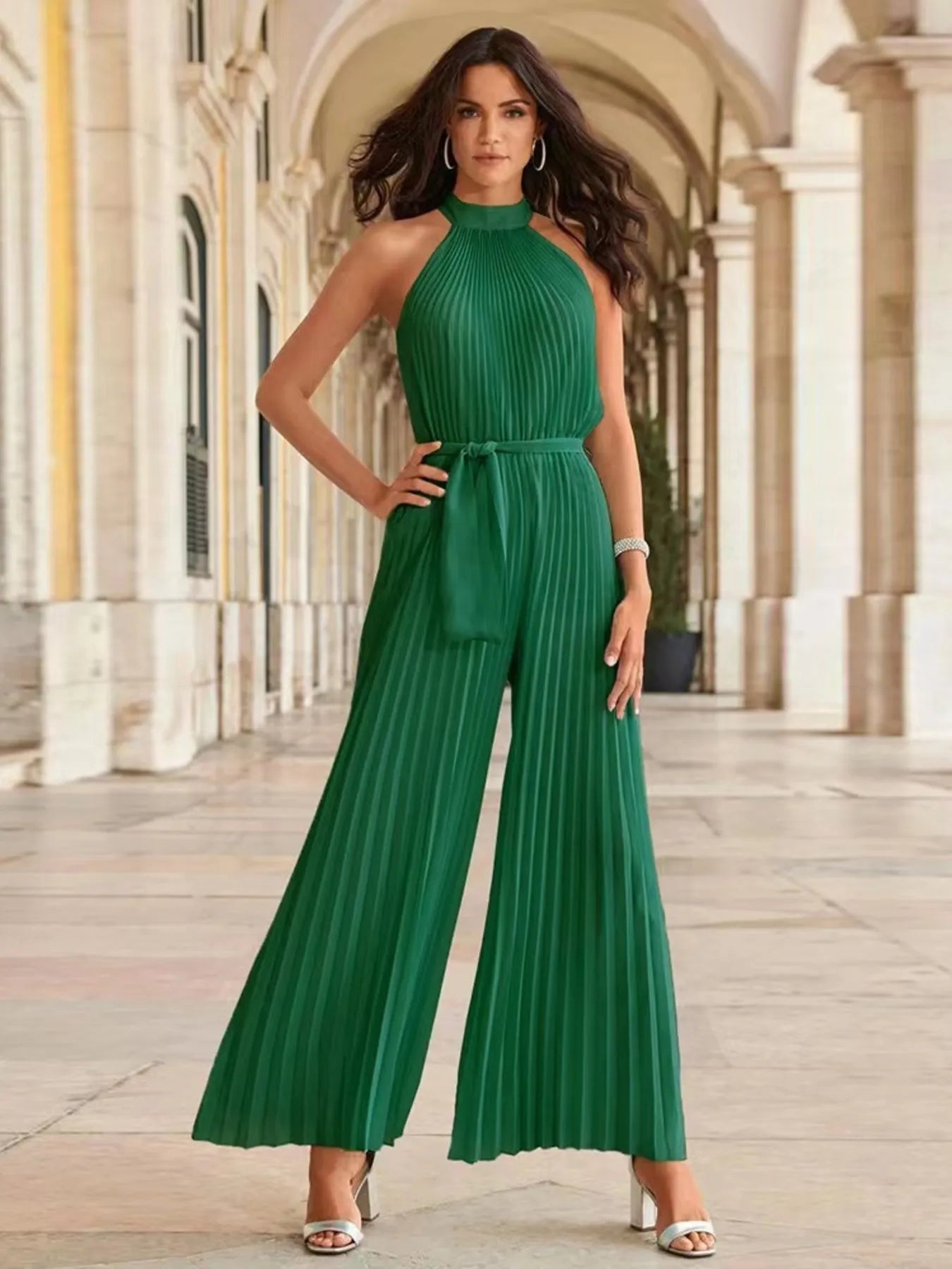 Pleated Sleeveless Wide Leg Jumpsuit - Velora