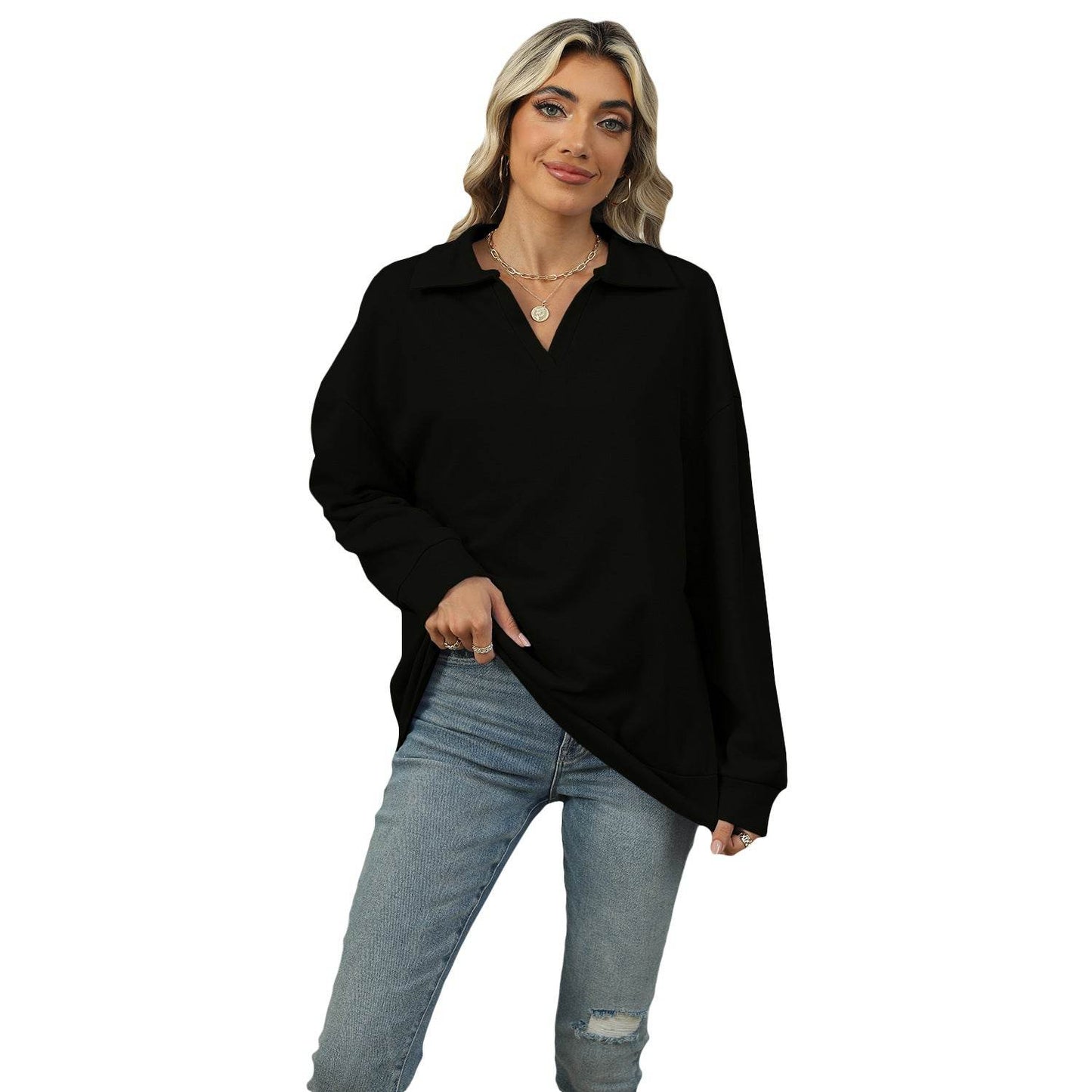Solid Color Polo Collar Loose Long Sleeve Sweatershirt Coat - Velora