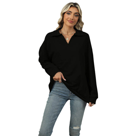 Solid Color Polo Collar Loose Long Sleeve Sweatershirt Coat - Velora