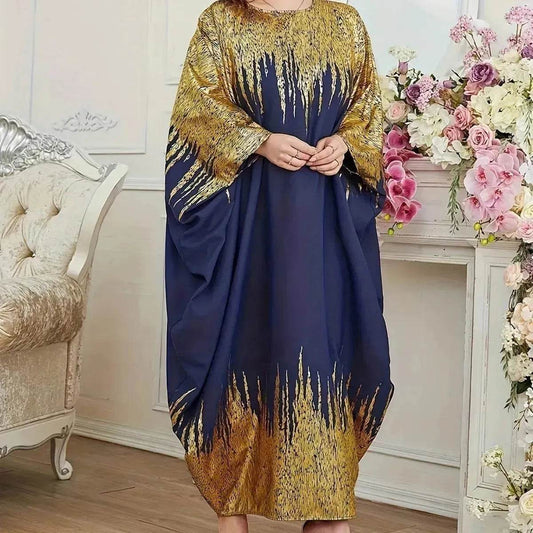 Fashion Embellish Fancy Abaya Middle East Print Color Contrast Patchwork Bat Sleeve Width Loose Summer Long Sleeve Dress - Velora