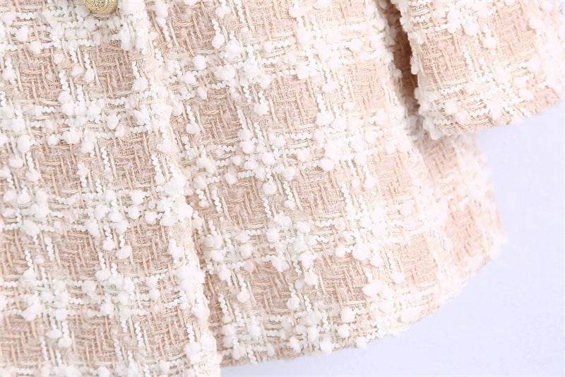 Elegant Luxury Lapel Long Sleeved Double Breasted Check tweed Blazer Women - Velora