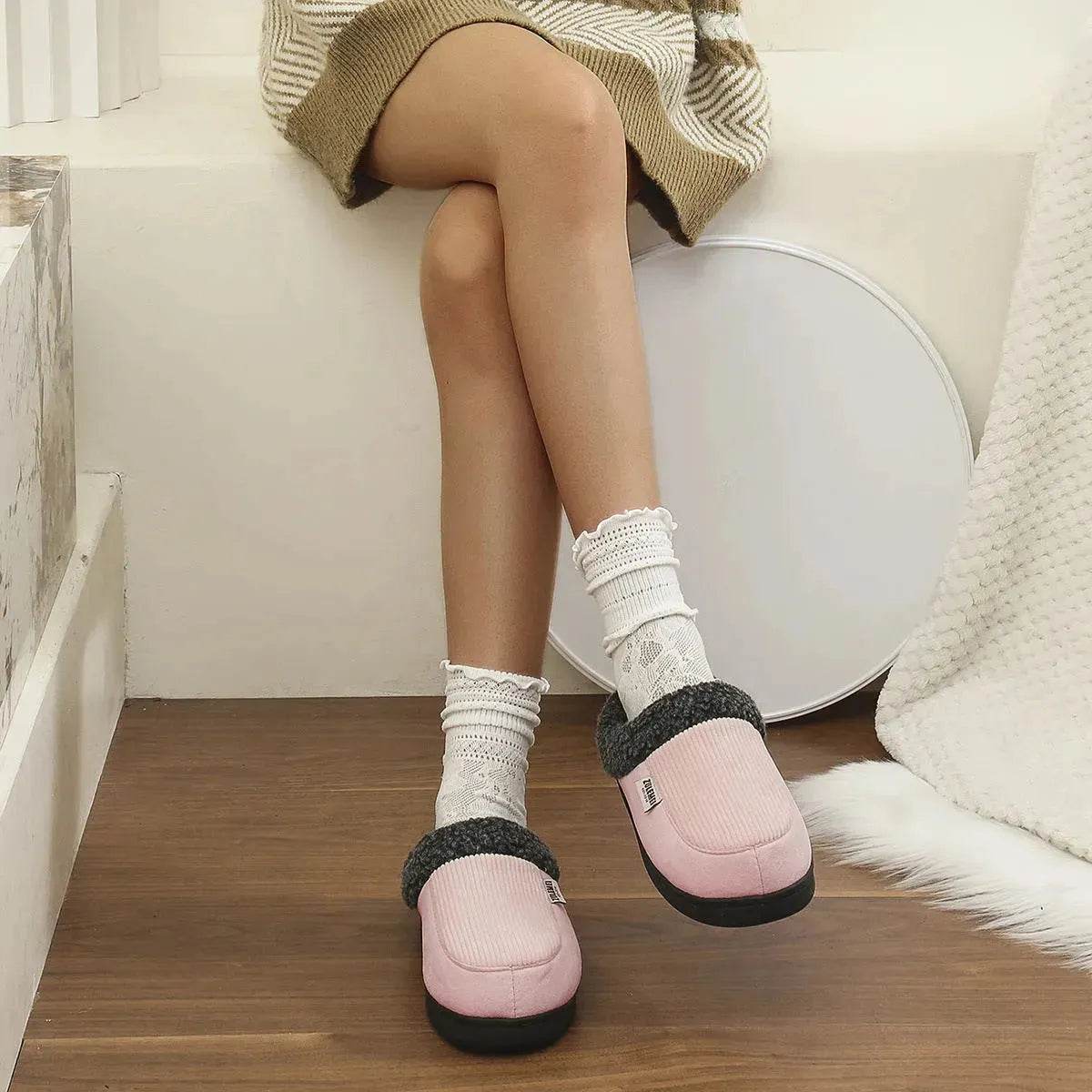 Fashion Solid Striped Cotton Slippers Winter Warm Indoor Bedroom Floor Slipper For Couples Non-slip Thick Sole House Shoes - Velora