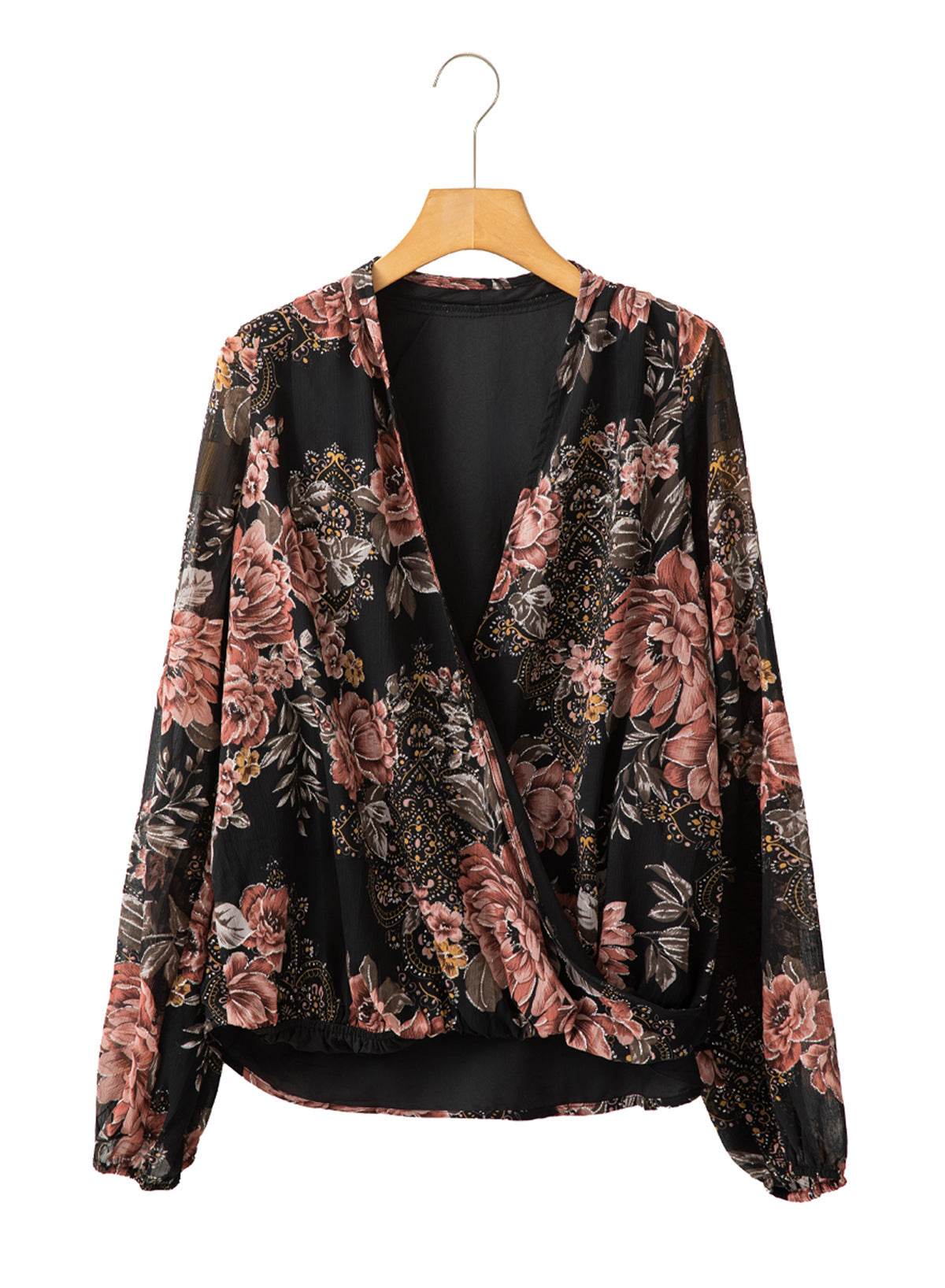 V-neck Long Sleeve Top Floral Print Women's Chiffon blouse Women - Velora