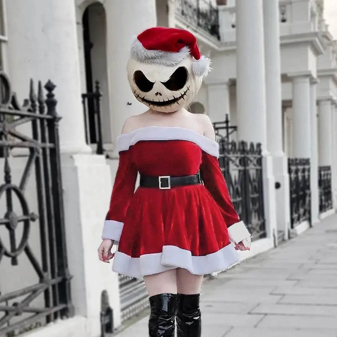 Women's Christmas Costume Santa Dress Plush Trim Boat-Neck Off-Shoulder Sleeve Dress New Year Party Cosplay Costume - Velora
