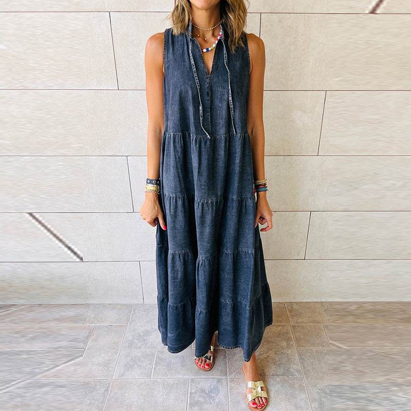Women's Sleeveless Denim Fashion Retro High Waist Layered Dress - Velora