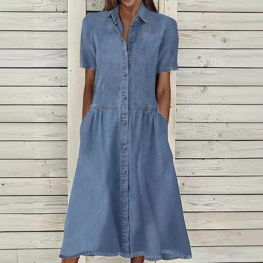 Women's European And American Lapel Casual loose button down Midi Denim jeans Mum Dress - Velora
