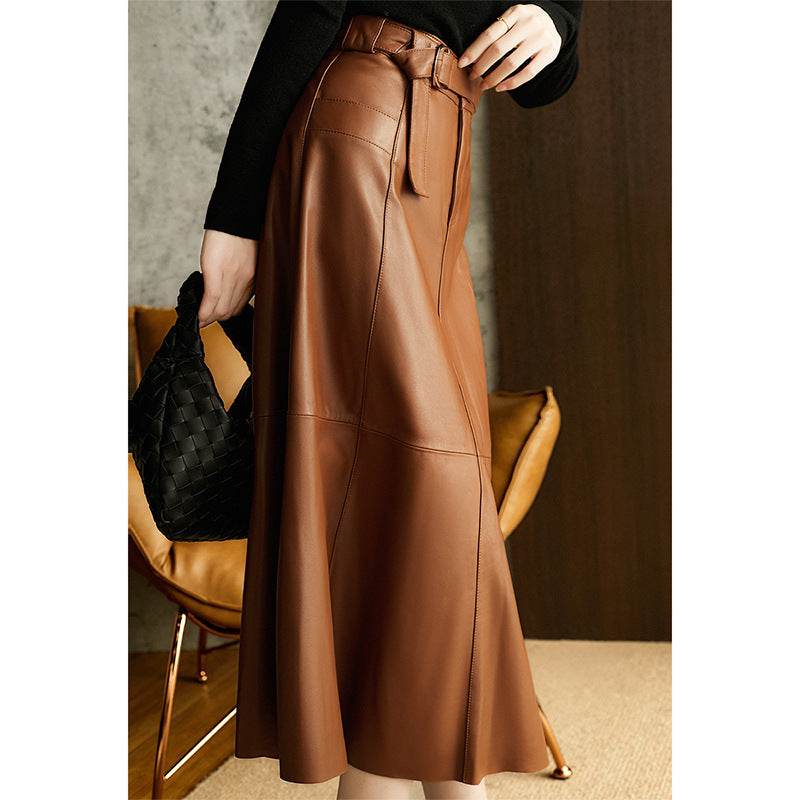 Fashion Retro All-match A- Line High Waist Formal Office Work Midi Faux Leather Skirt - Velora