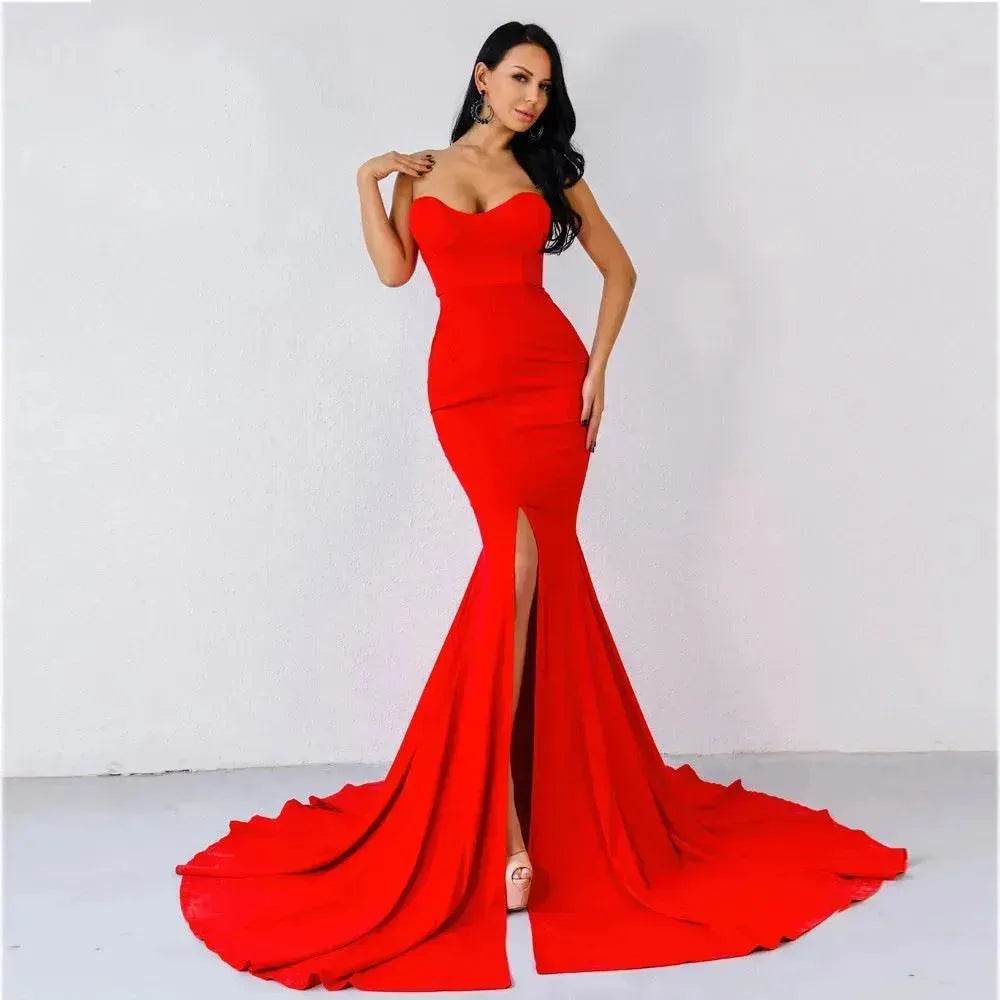 Elegant Strapless Bodycon Dress Bridesmaid Dress Evening Dinner Party Split Long Dress for Women - Velora