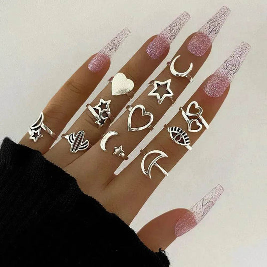 Eleven Sets Of Personalized Retro Hollow Love Stars Moon Cactus Eyes Ring - Velora