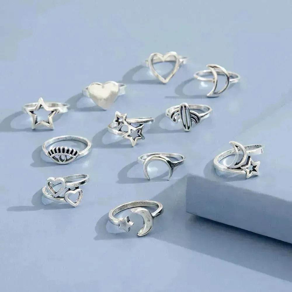 Eleven Sets Of Personalized Retro Hollow Love Stars Moon Cactus Eyes Ring - Velora