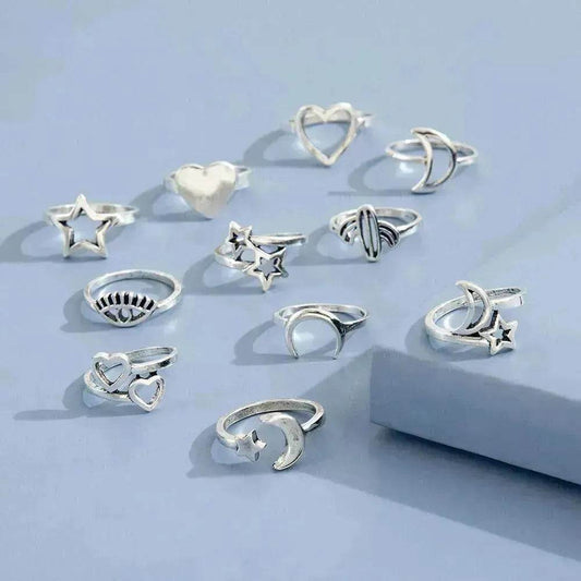 Eleven Sets Of Personalized Retro Hollow Love Stars Moon Cactus Eyes Ring - Velora