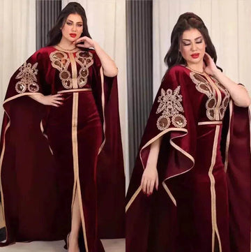 Embroidered Turkish Sequined Gold Velvet Dubai Middle East Women Dress
