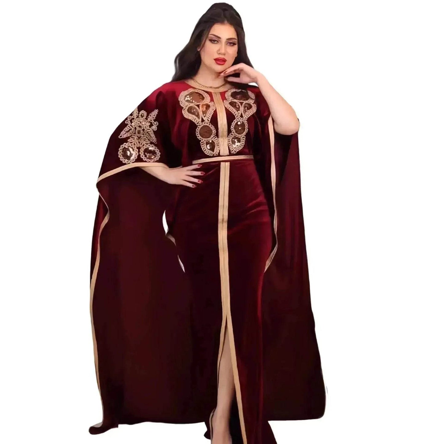 Embroidered Turkish Sequined Gold Velvet Dubai Middle East Women Dress