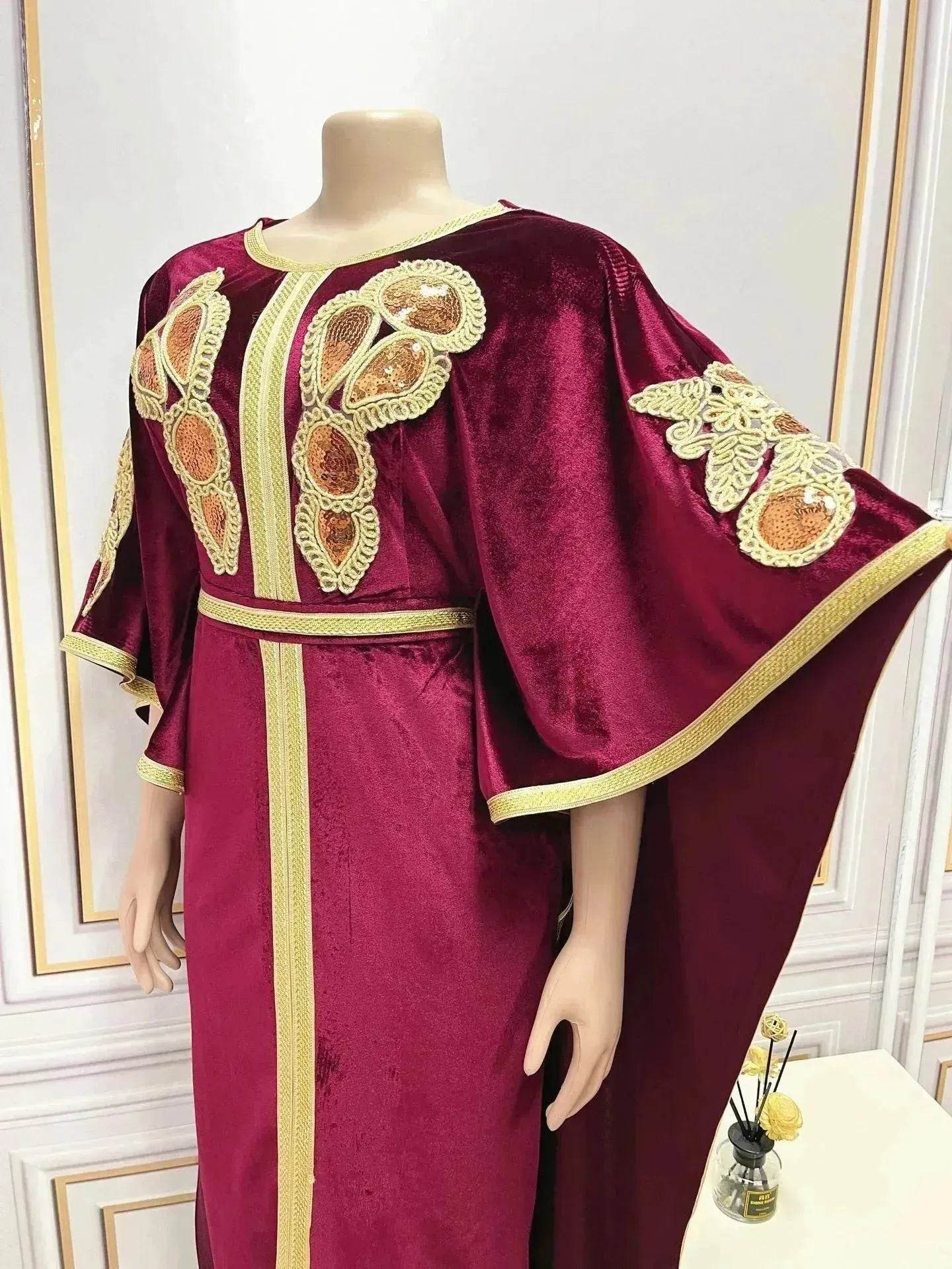 Embroidered Turkish Sequined Gold Velvet Dubai Middle East Women Dress