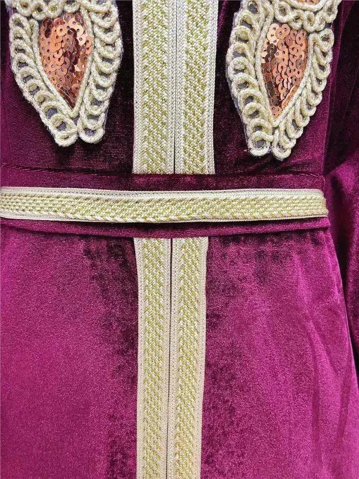 Embroidered Turkish Sequined Gold Velvet Dubai Middle East Women Dress - Velora
