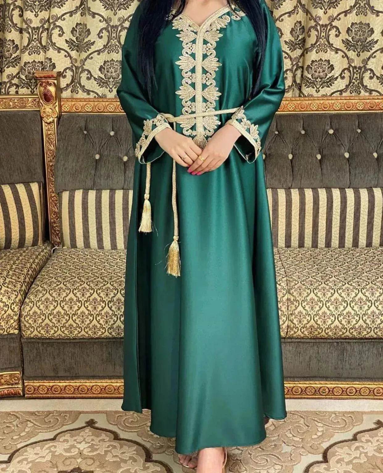 Embroidery Bronzing Lace Jalabiya Abaya Dress for Arab Dubai Turkey Middle Eastern Women - Velora