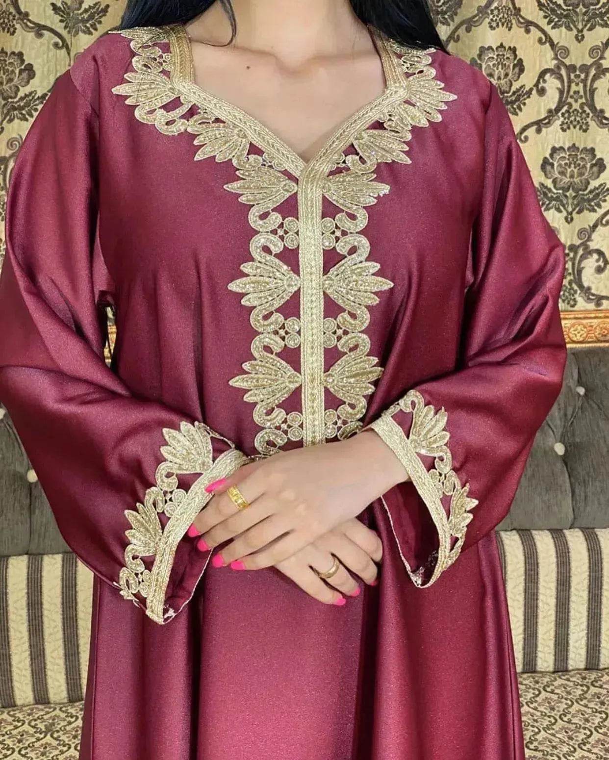Embroidery Bronzing Lace Jalabiya Abaya Dress for Arab Dubai Turkey Middle Eastern Women - Velora