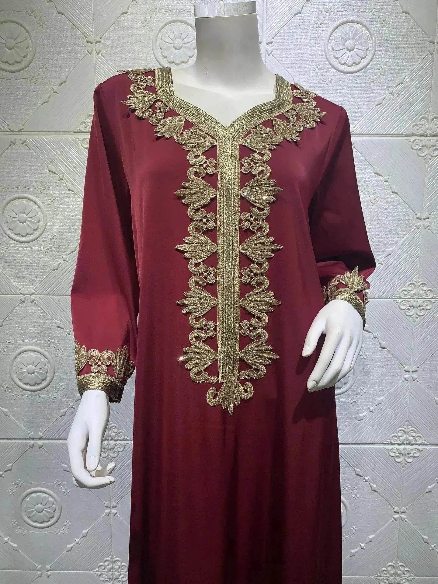 Embroidery Bronzing Lace Jalabiya Abaya Dress for Arab Dubai Turkey Middle Eastern Women - Velora