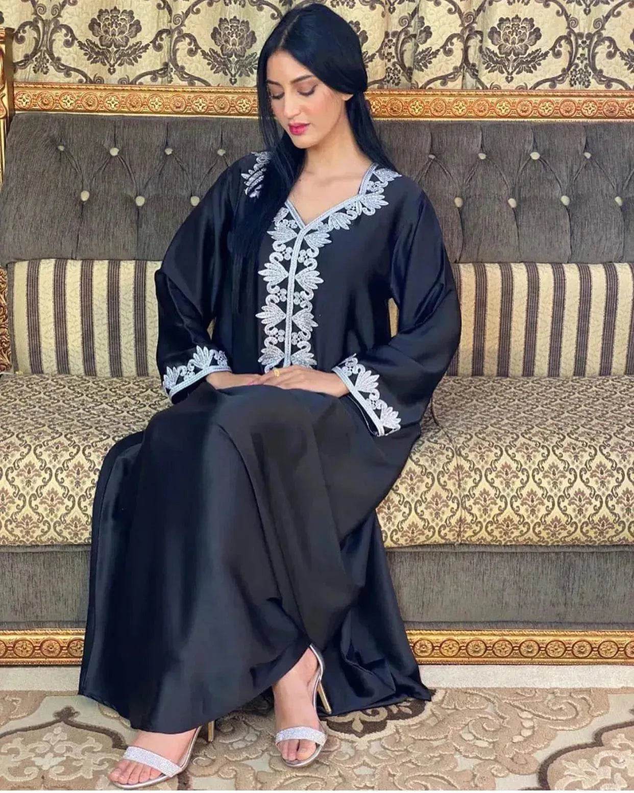 Embroidery Bronzing Lace Jalabiya Abaya Dress for Arab Dubai Turkey Middle Eastern Women - Velora