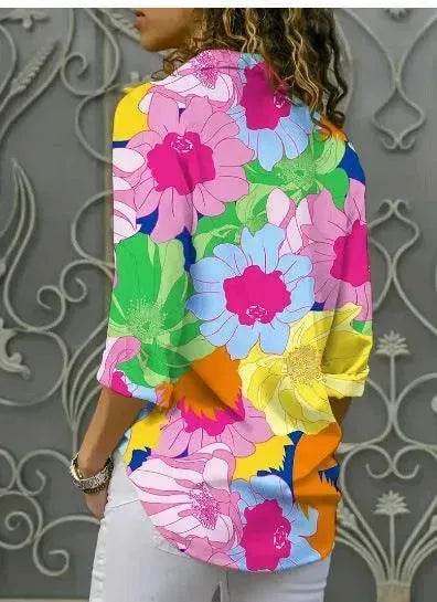 European And American Digital Printed Flowers Lapel Single Breasted Long-sleeved Shirt - Velora